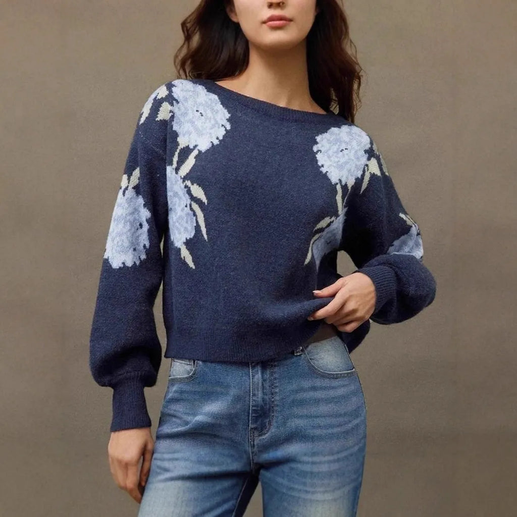 Sapphire blue women's pullover top with flower jacquard pattern and off neck design