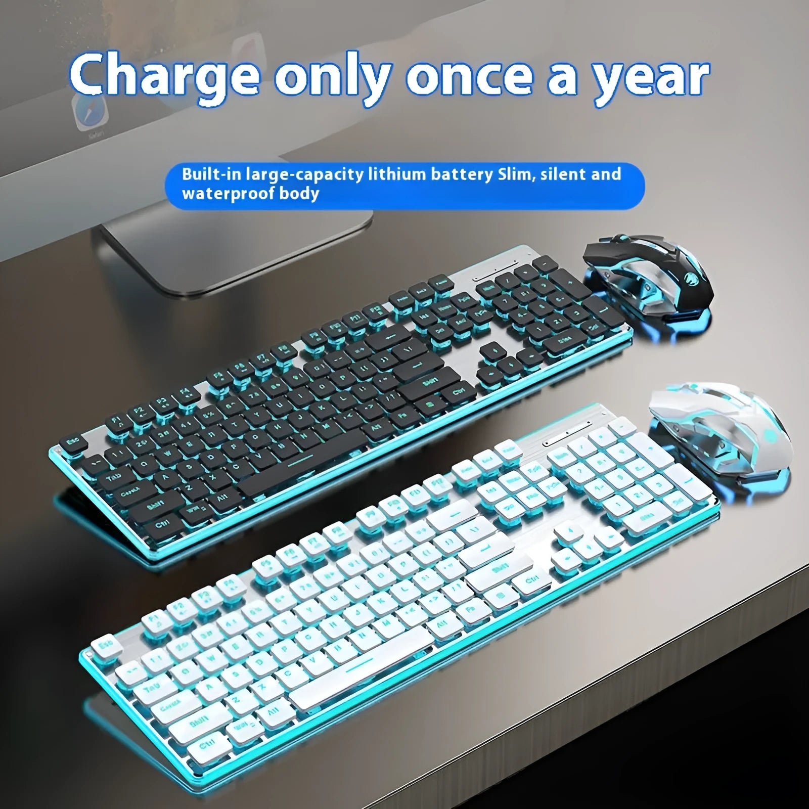 Wireless mute Bluetooth keyboard in cherry blossom pink with ice blue backlighting