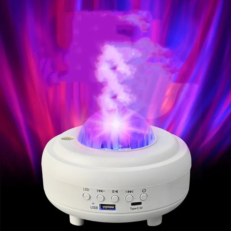 White galaxy star projector night light with Bluetooth speaker showing star projection on wall
