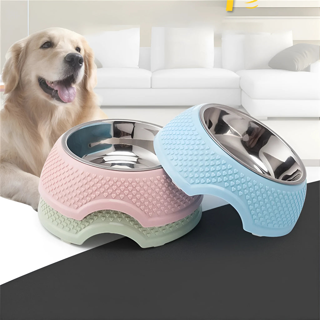 Stainless steel pet bowl with non-slip base in blue, green, and pink colour options