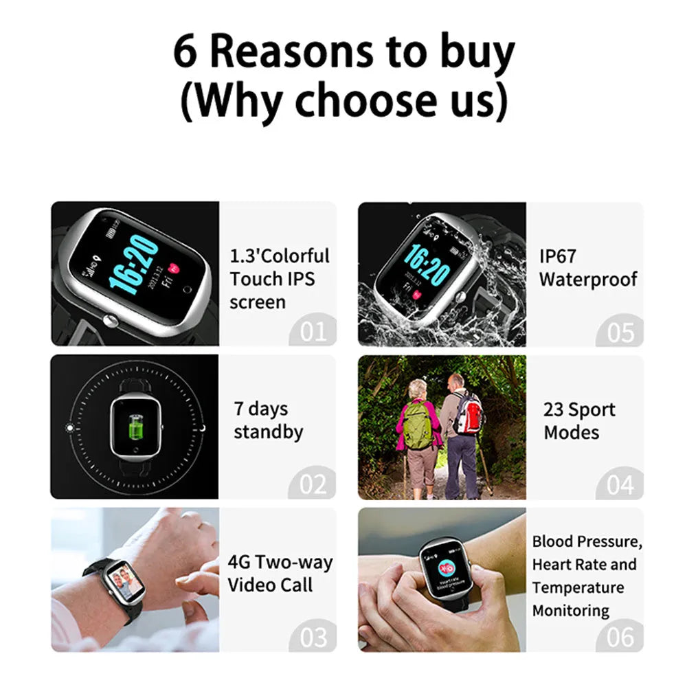 Square screen elderly positioning smartwatch with silicone strap showing black, blue and silver colour options