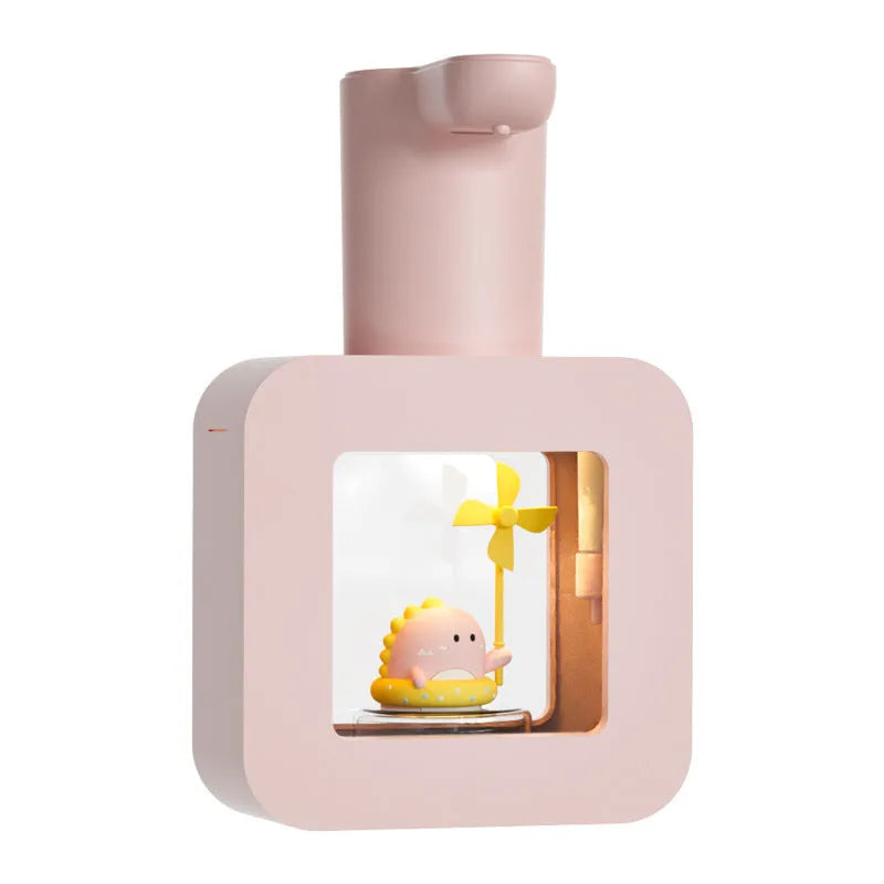 Yellow automatic soap dispenser with unicorn and kitten cartoon designs for children's bathrooms