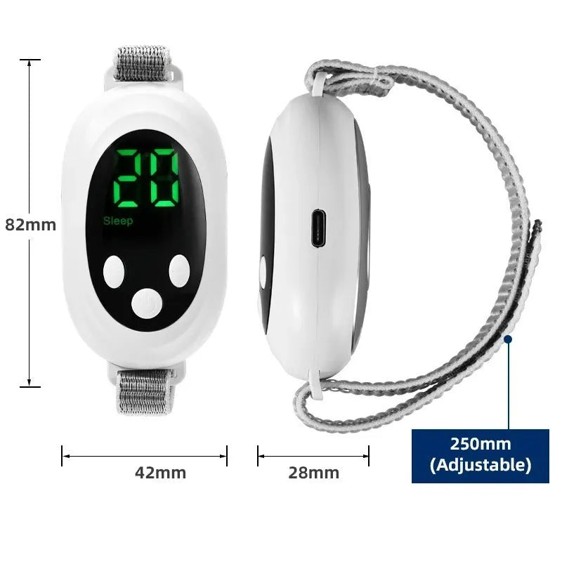 White handheld sleep aid remote control device with USB charging cable and wrist bracelet.
