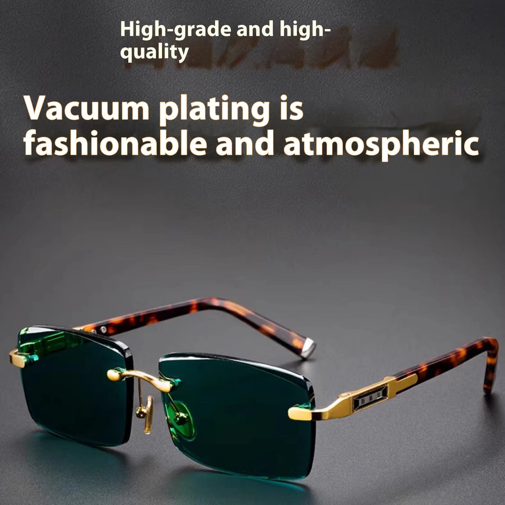Pair of dark green frameless crystal sunshade glasses with case and cleaning cloth