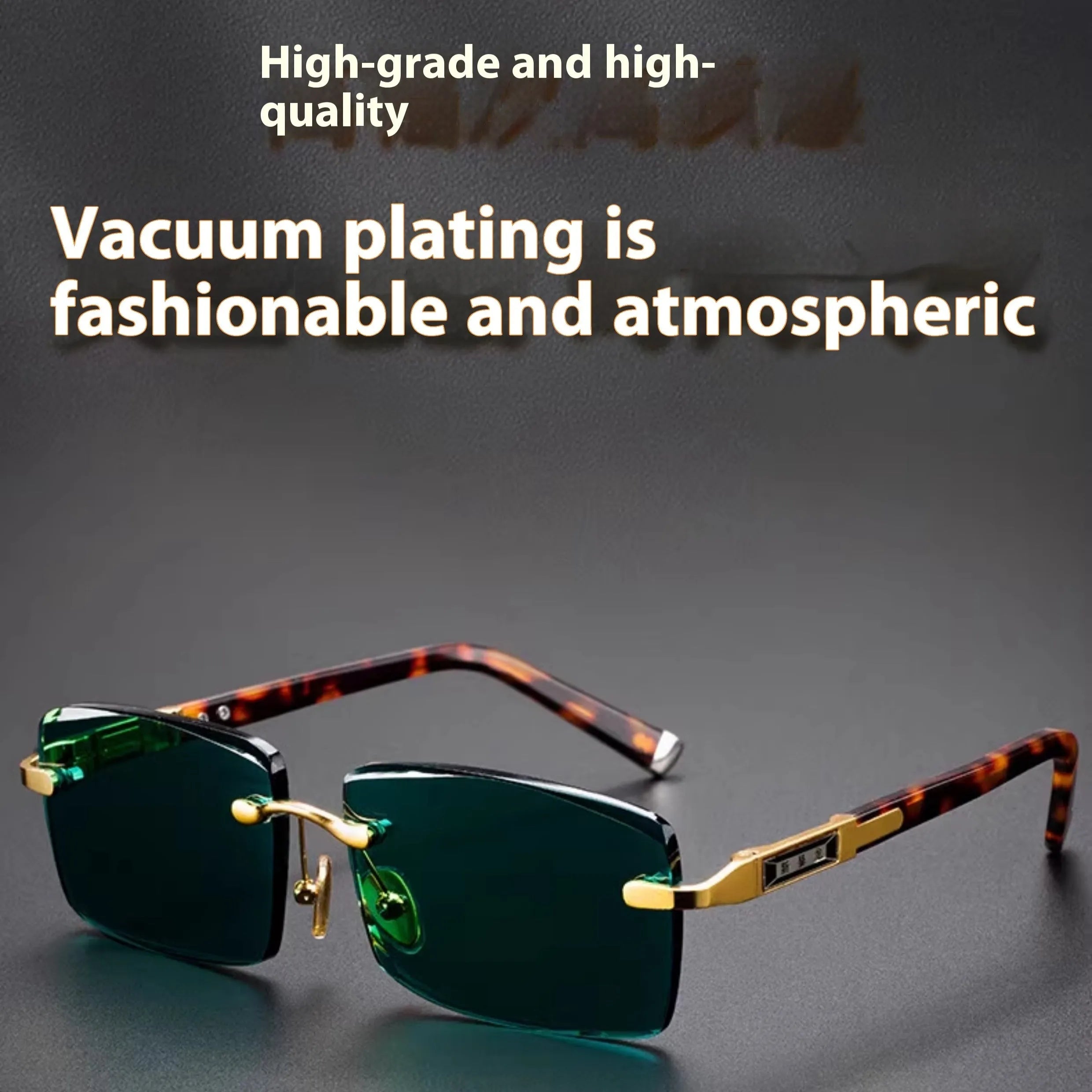Pair of dark green frameless crystal sunshade glasses with case and cleaning cloth