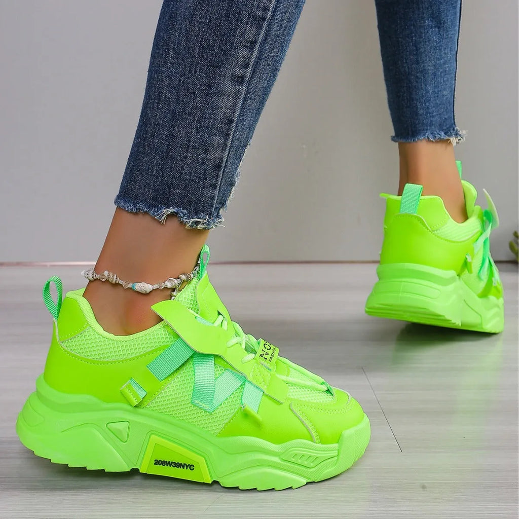 Women's platform mesh sports shoes in multiple colours with animal pattern design and lace-up closure