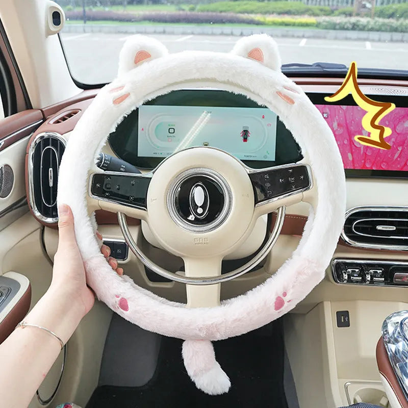 Plush thermal car steering wheel cover with rabbit fur embroidered animal design, 38cm diameter