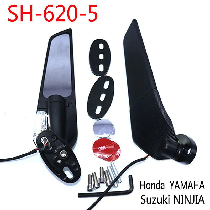 SH-620-5 motorcycle rearview mirror with yellow LED light, aluminium alloy housing, and convex glass lens.