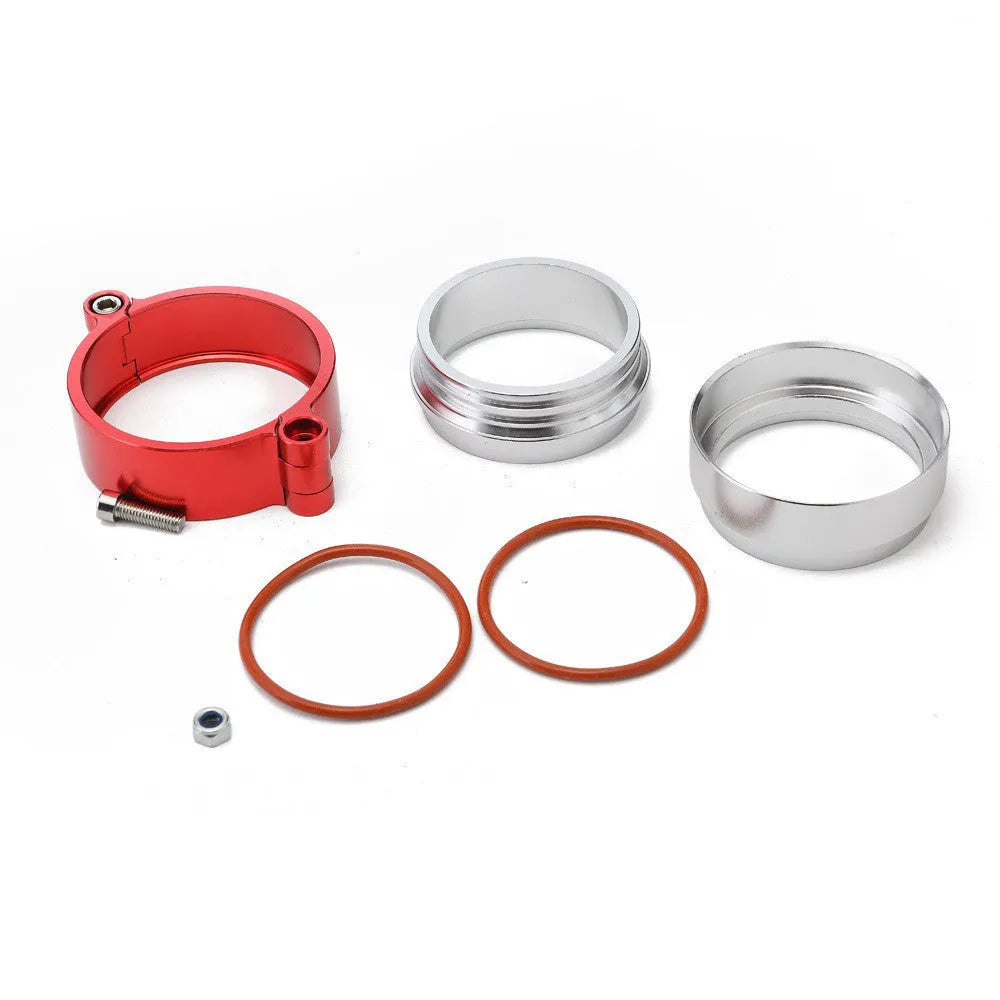 Aluminium fixed movement clamp for car turbine exhaust, available in black, blue, red.