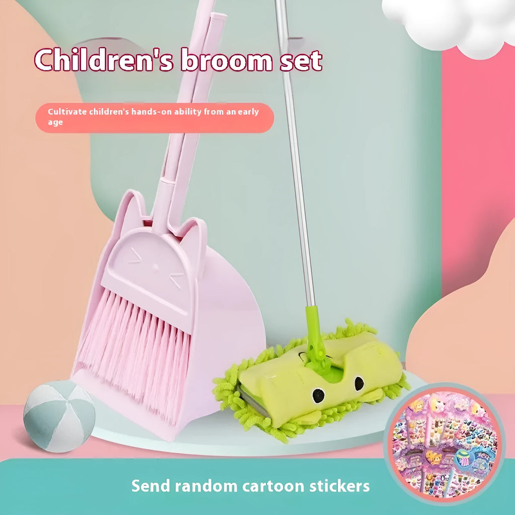 Purple, green, or beige plastic broom and dustpan set with non-stick rotating head and brush holder