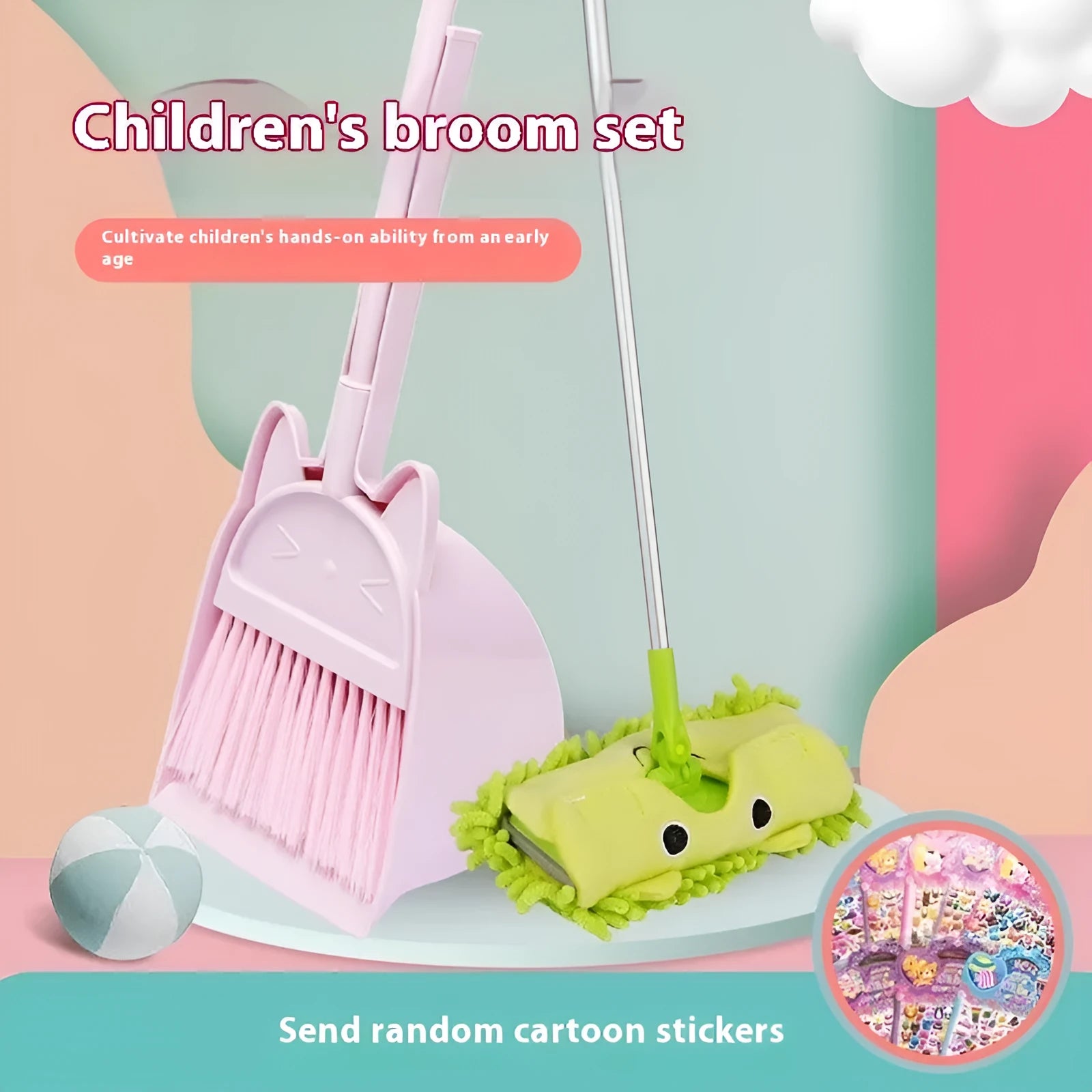 Purple, green, or beige plastic broom and dustpan set with non-stick rotating head and brush holder