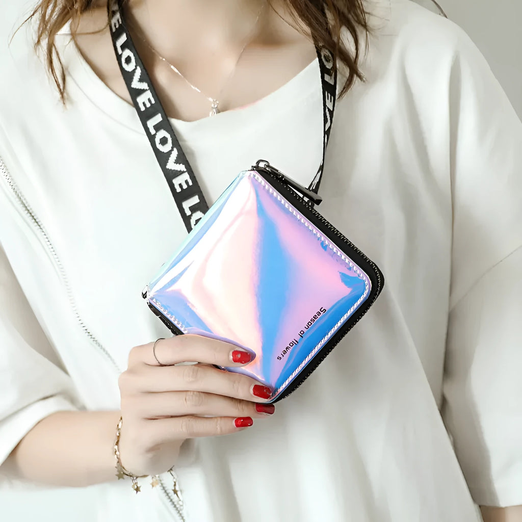 Women's short folding wallet in glitter, blue, or green measuring 11cm square with 2.5cm thickness