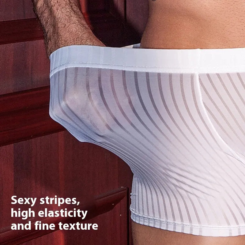 Men's vertical stripe nylon boxer briefs underwear in black, white, and dark grey colours