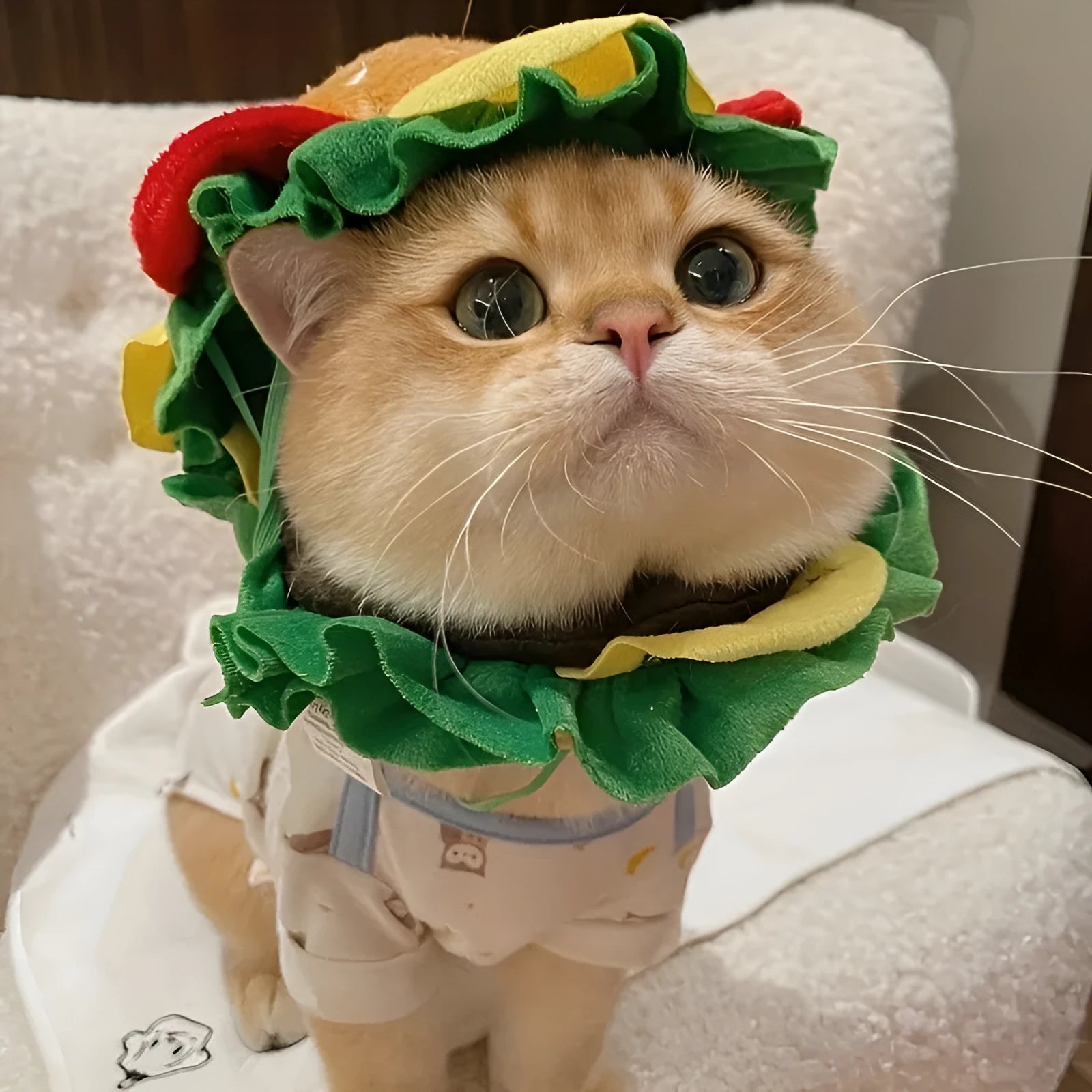 Cat wearing a soft faux leather burger headdress collar with an adjustable strap.