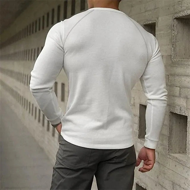 Men's cotton blend Henley collar long sleeve t-shirt in white, black, and navy blue colours