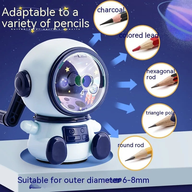 Blue astronaut cartoon manual pencil sharpener with anti-jam mechanism for 2mm leads