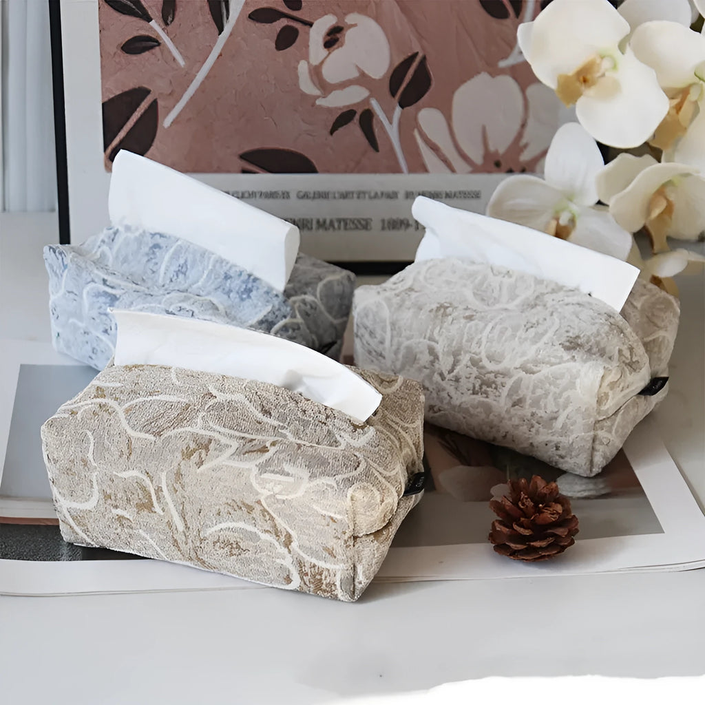 Chinese style pastoral rose cotton tissue box cover in beige, shown on a coffee table.