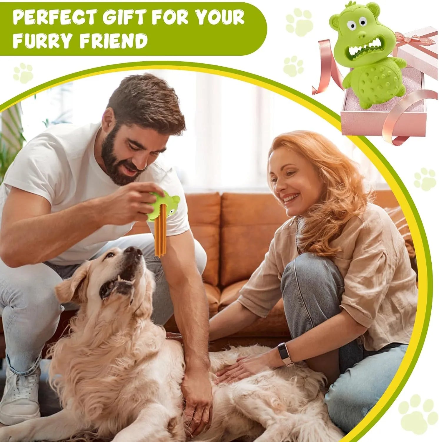 Green and yellow natural rubber dog toy for aggressive chewers with squeaker and treat hole.