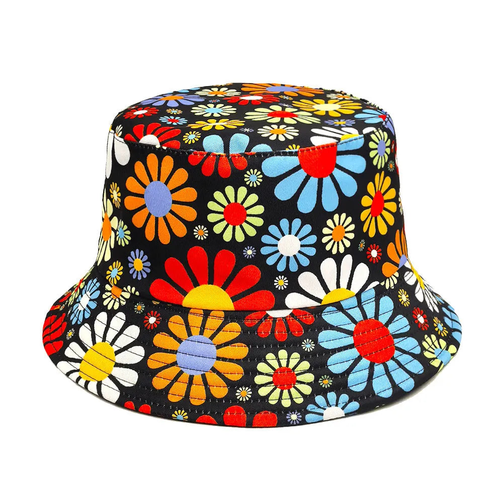 Colourful floral pattern bucket sun hat with dome crown in size M for women