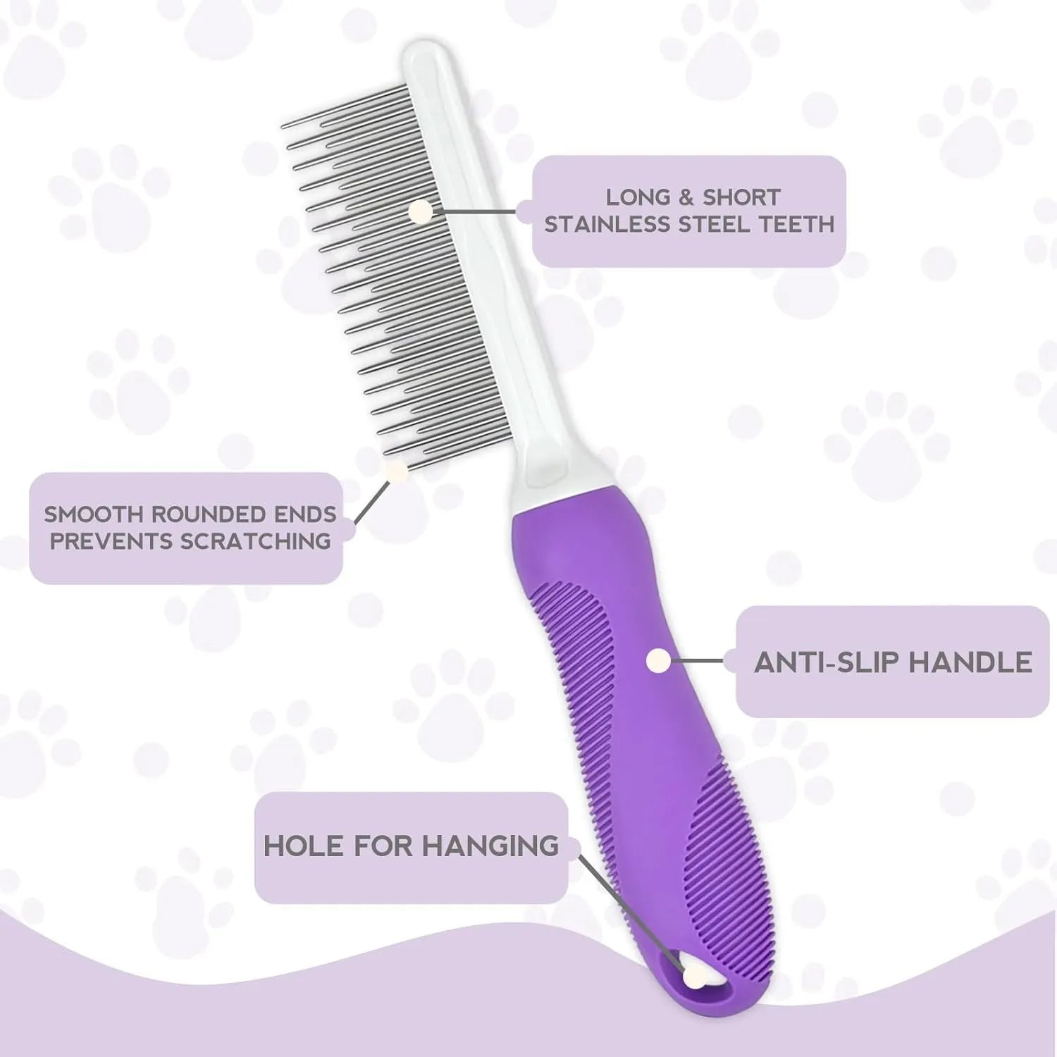 Purple pet detangling comb with stainless steel teeth for grooming cats and dogs