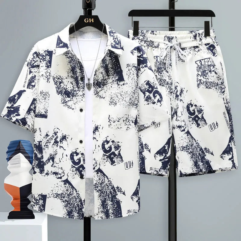 Men's casual polyester shorts and short sleeve top two-piece set in a neutral colour.