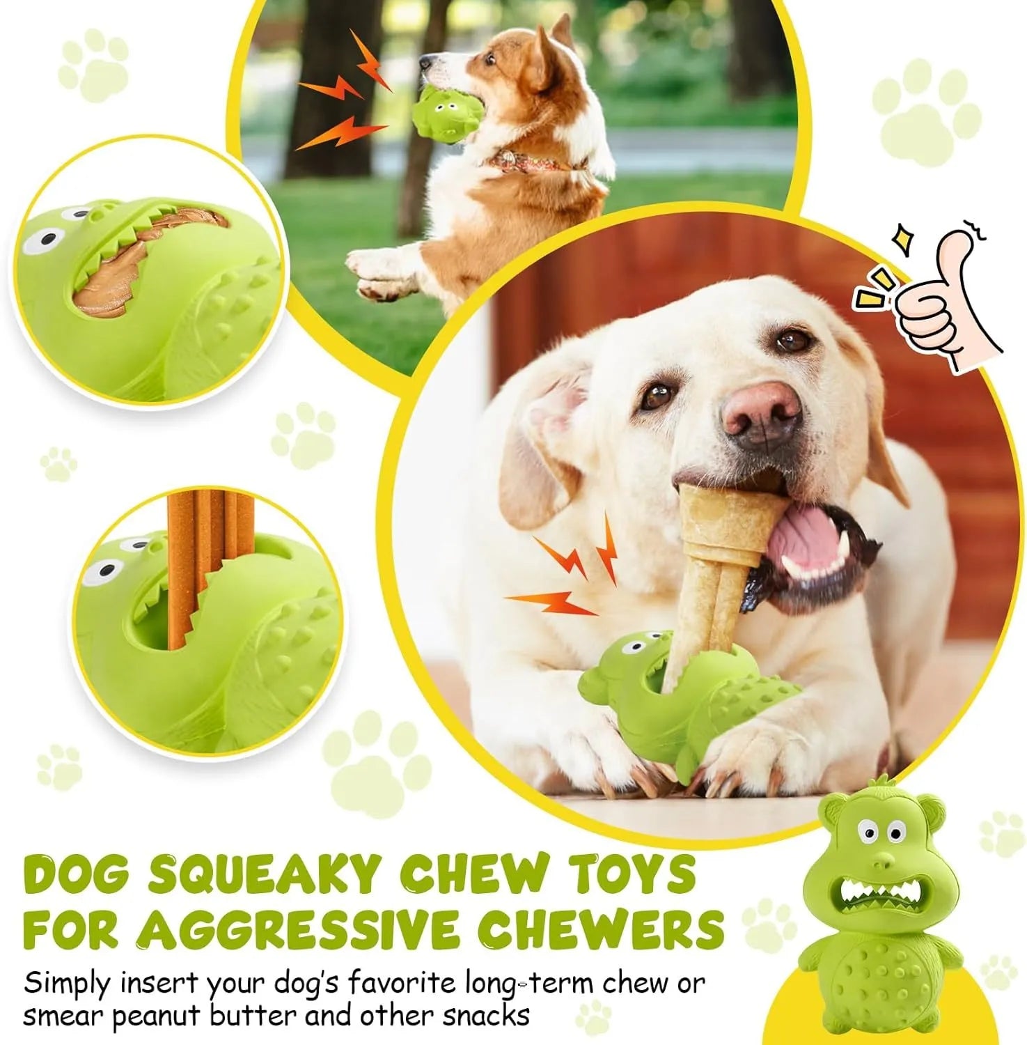 Green and yellow natural rubber dog toy for aggressive chewers with squeaker and treat hole.