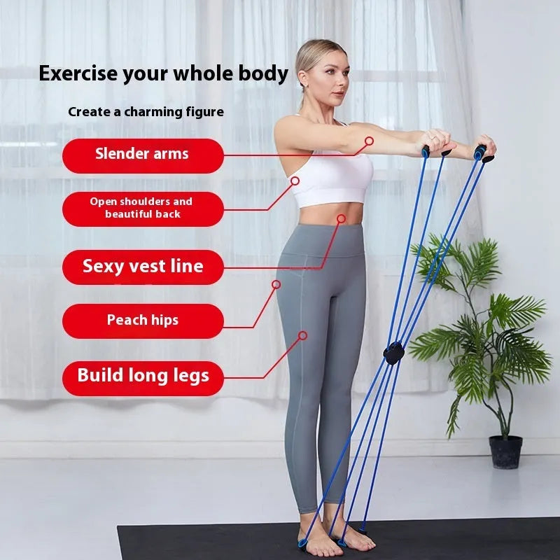 Blue eight character puller fitness resistance band with cross tension device for shoulder workouts
