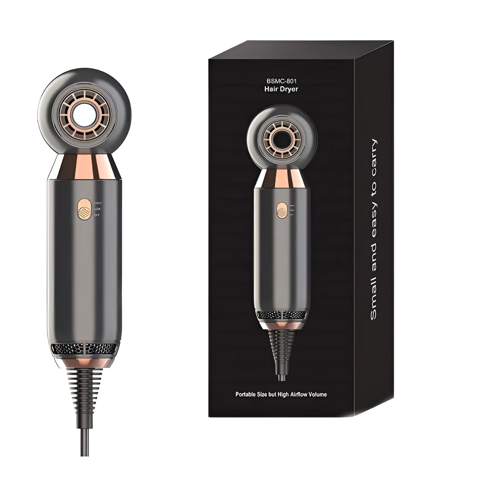 Compact white leafless hair dryer with diffuser attachment, shown with power plug.