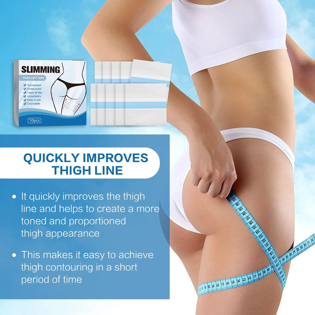 Box of 10 white body shaping adhesive patches on skin, each measuring 12 by 12 centimetres.