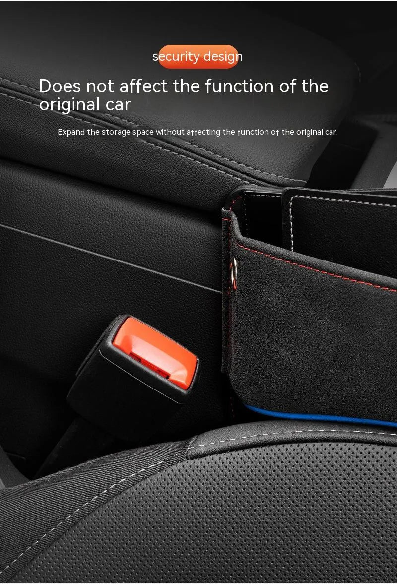 Leather car seat storage box in a choice of five colours on a car rear seat.