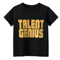 Black men's geometric print loose t-shirt on hanger showing front pattern detail