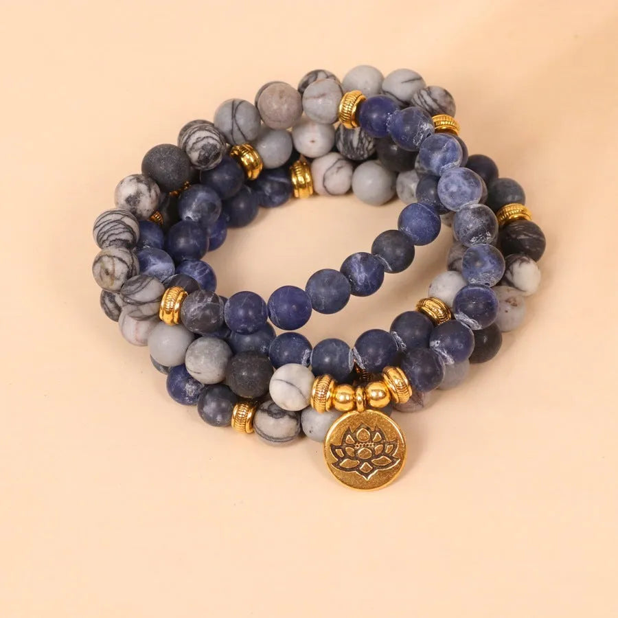 Blue patterned network stone beads on multi layer alloy bracelet