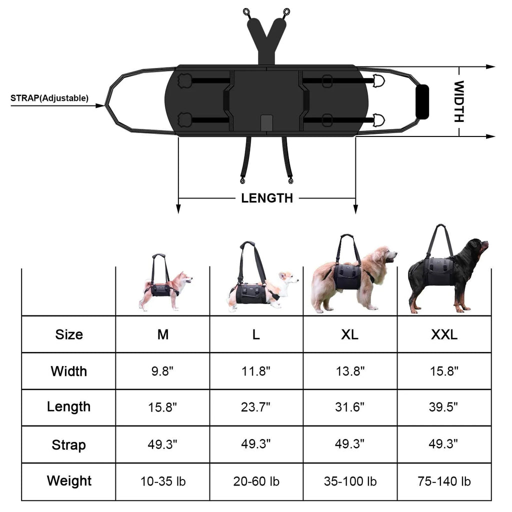 Black Oxford cloth dog rehabilitation harness with leg support and breast strap.