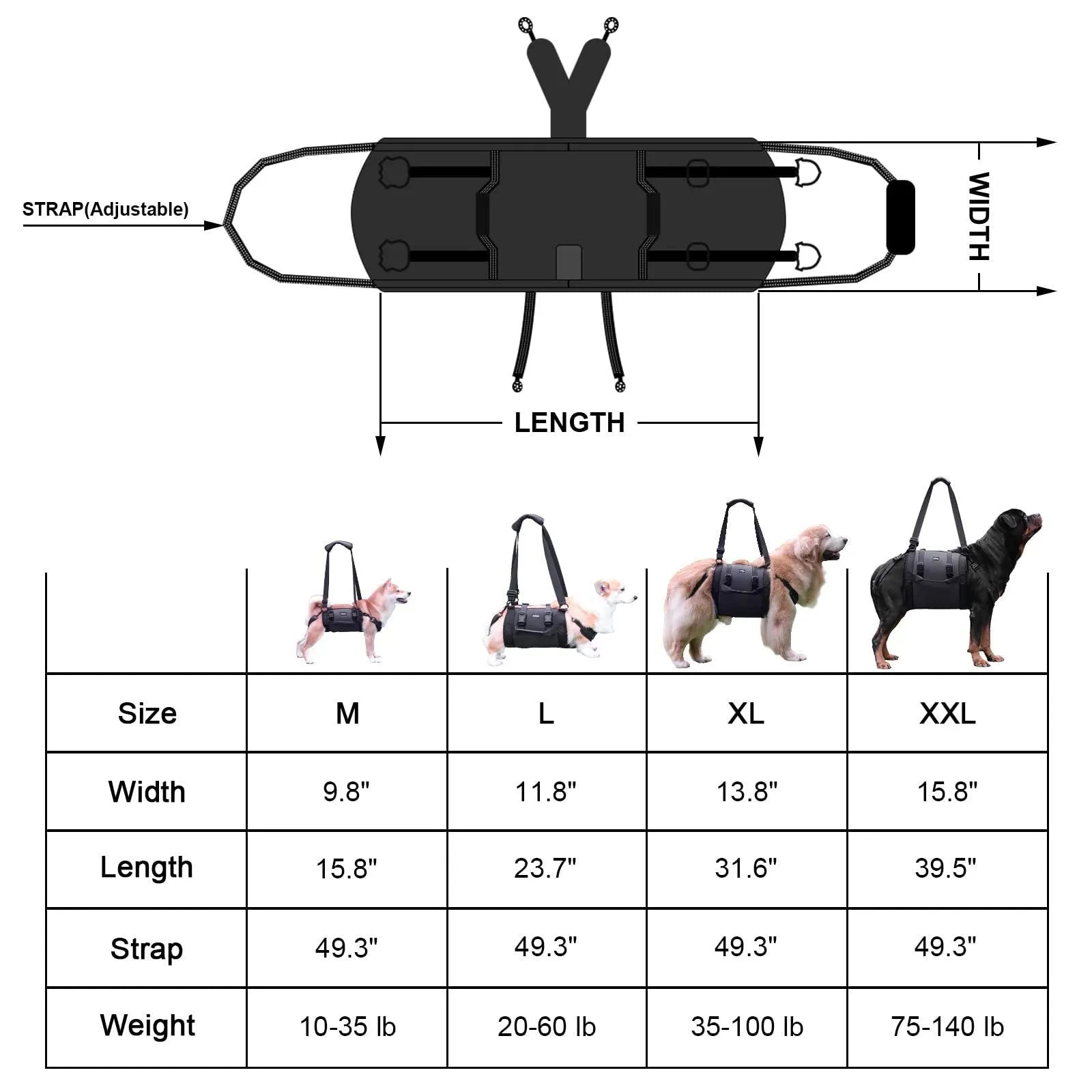 Black Oxford cloth dog rehabilitation harness with leg support and breast strap.