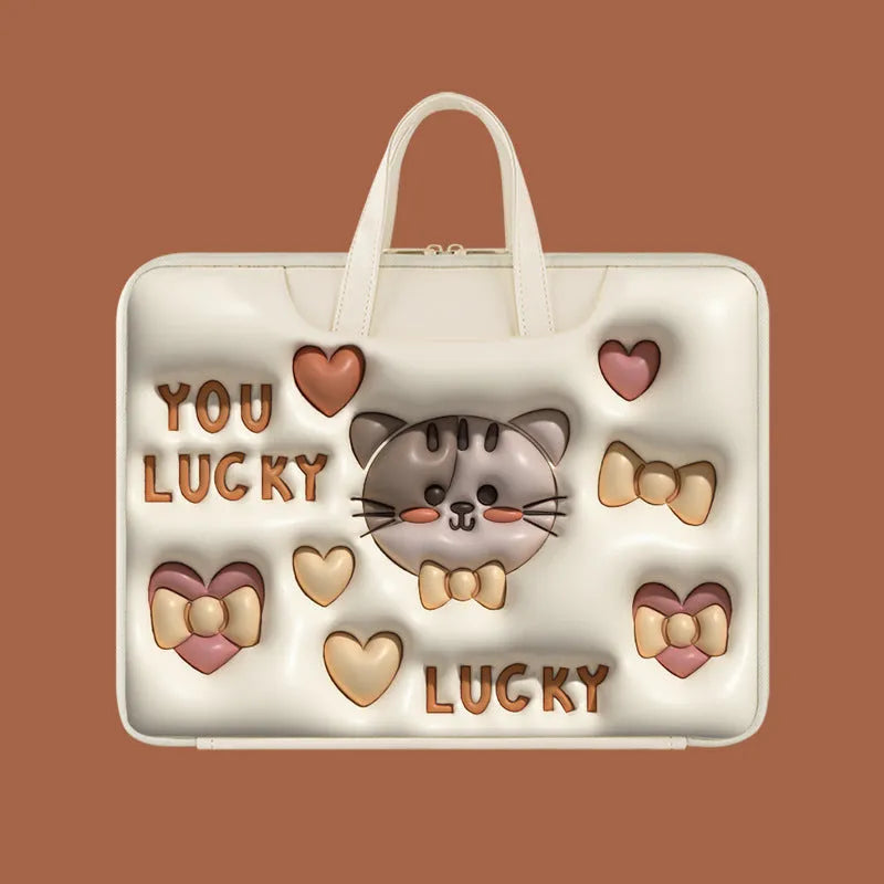 Inflatable PU leather laptop bag in a cartoon panda design with shoulder strap, shown hanging from a suitcase.