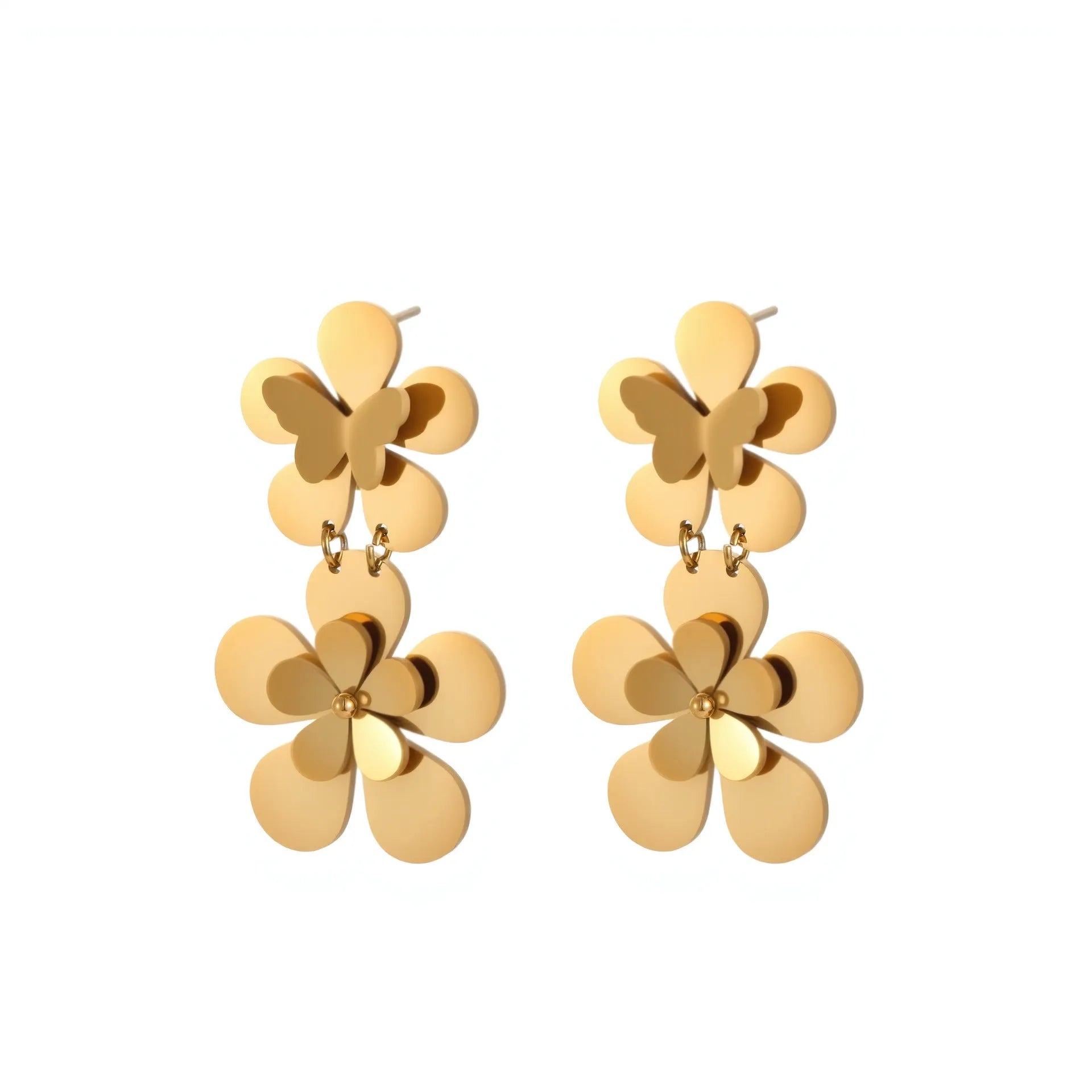 Gold flower butterfly stainless steel earrings with 18K plating for women