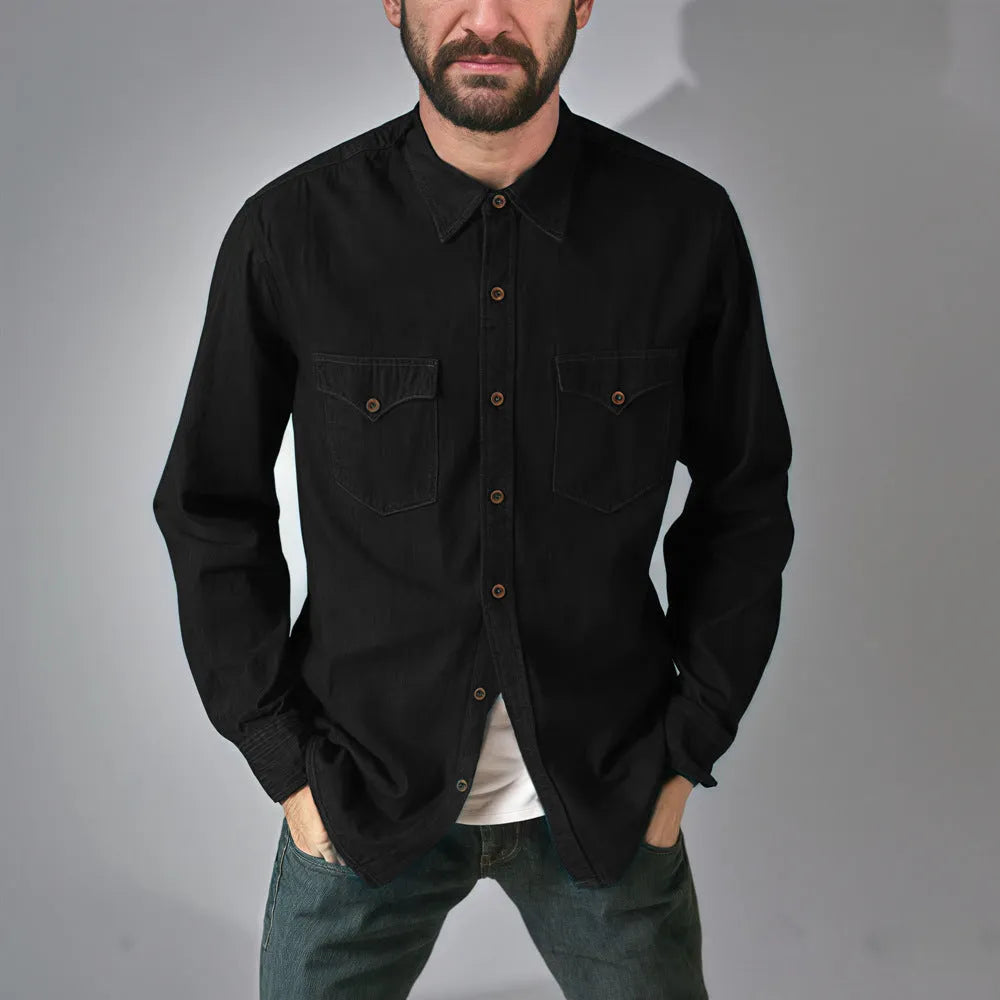 Cotton denim cardigan coat shown in khaki, available in multiple sizes from S to 3XL
