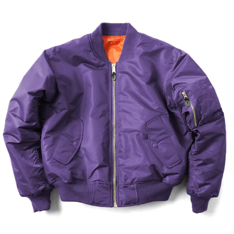 Men's loose-fit cotton-padded pilot jacket in army green, made from double-sided nylon fabric.