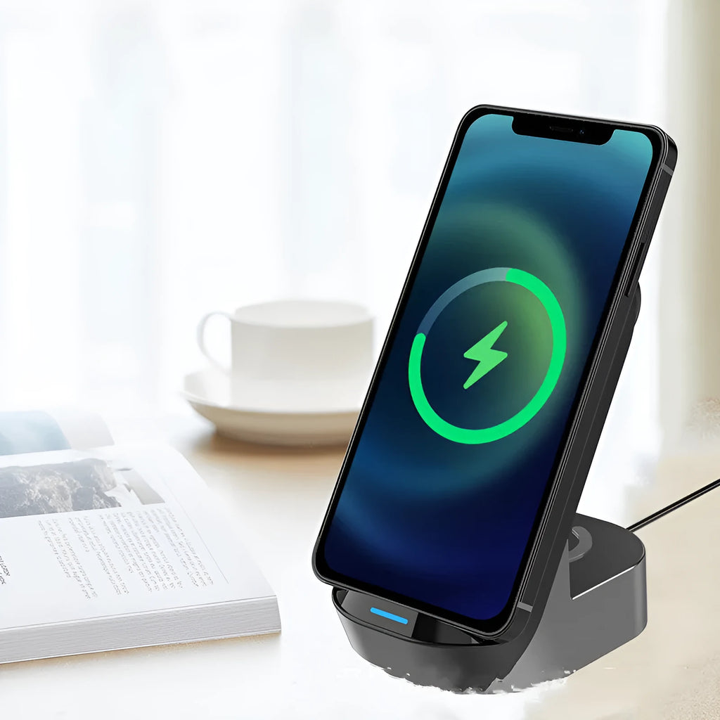 Black grey foldable 3-in-1 wireless charging vertical stand for mobile phone, Apple Watch and earbuds case