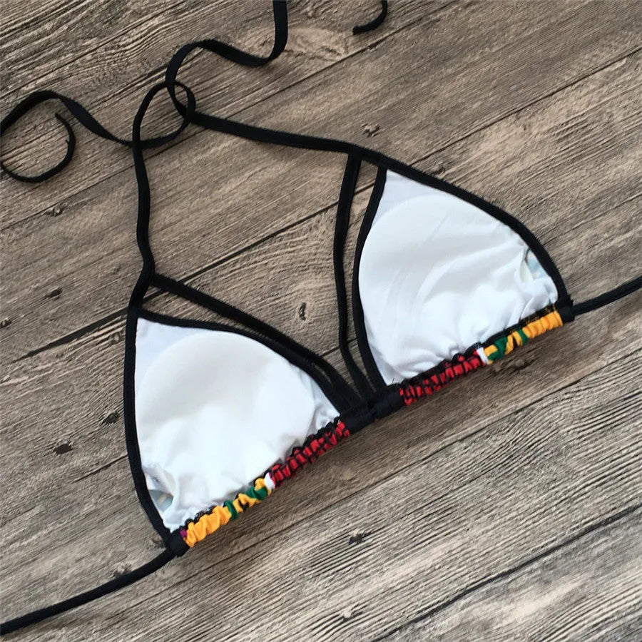 Women's high-waist bikini swimsuit with digital printing and backless design