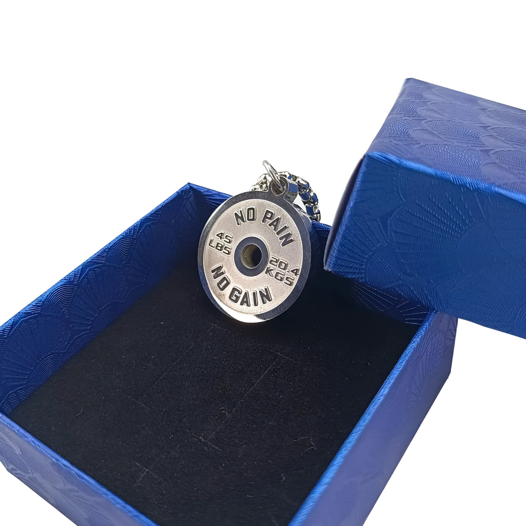 Stainless steel barbell disk necklace with geometric pendant on 60cm chain options