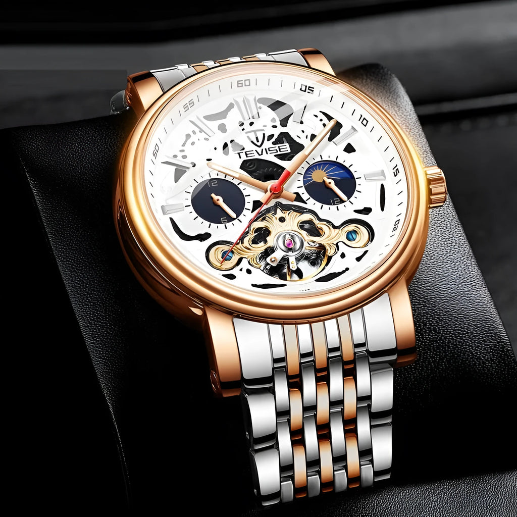 Men's tourbillon mechanical watch with luminous hands and water resistance in rose black colour