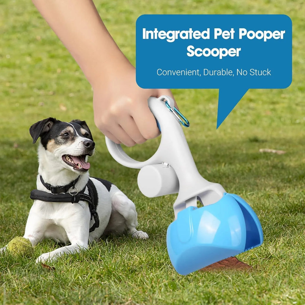 A black ABS plastic pet pooper scooper with a built-in trash bag holder and a carrying hook.