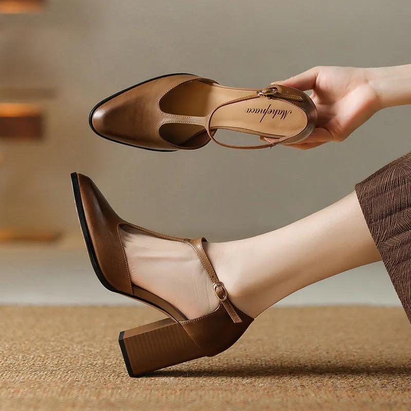 Baotou hollow women's retro pointed Mary Jane shoes in pink and dark brown with buckle fastening.