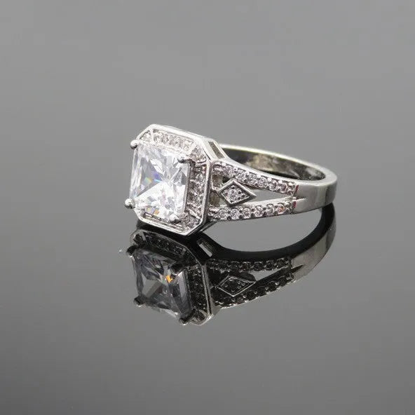 Geometric hollow zircon ring in platinum finish, quadrilateral design, women's jewellery