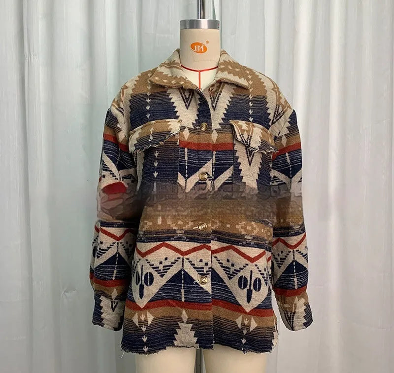 Women's loose-fit retro jacket with Aztec print in woolen fabric, shown in Army Green colour.