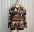 Women's loose-fit retro jacket with Aztec print in woolen fabric, shown in Army Green colour.