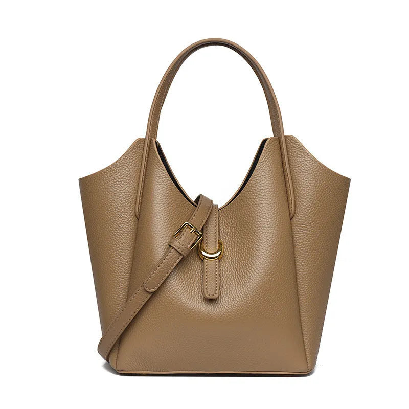 Women's genuine leather retro bucket bag with hand holding design and file organisation compartments
