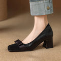 Retro square head stitching chunky heel pumps for women, black, low-cut, bow detail, side view
