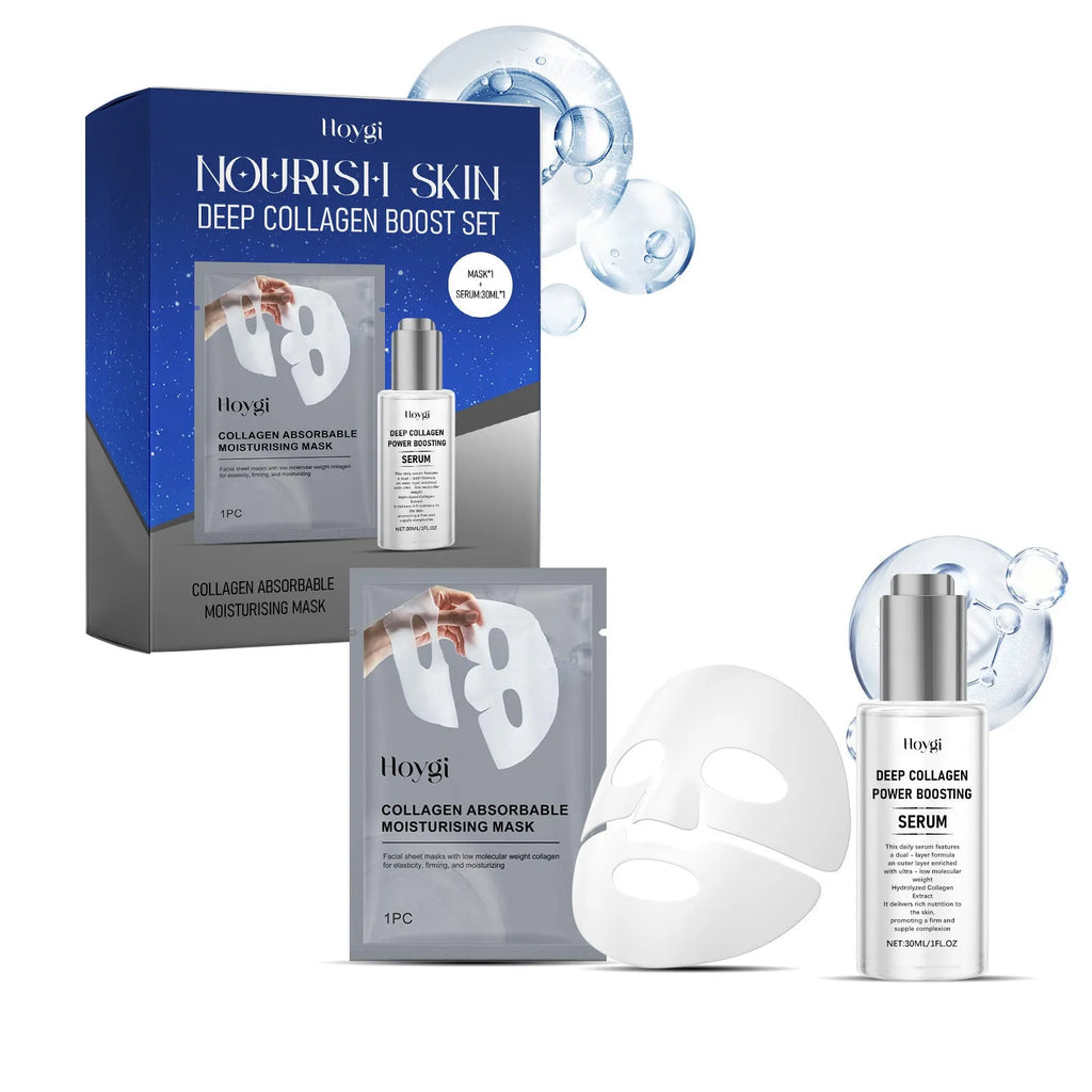 Individually packaged collagen moisturising suit facial sheet mask with 30ml essence.